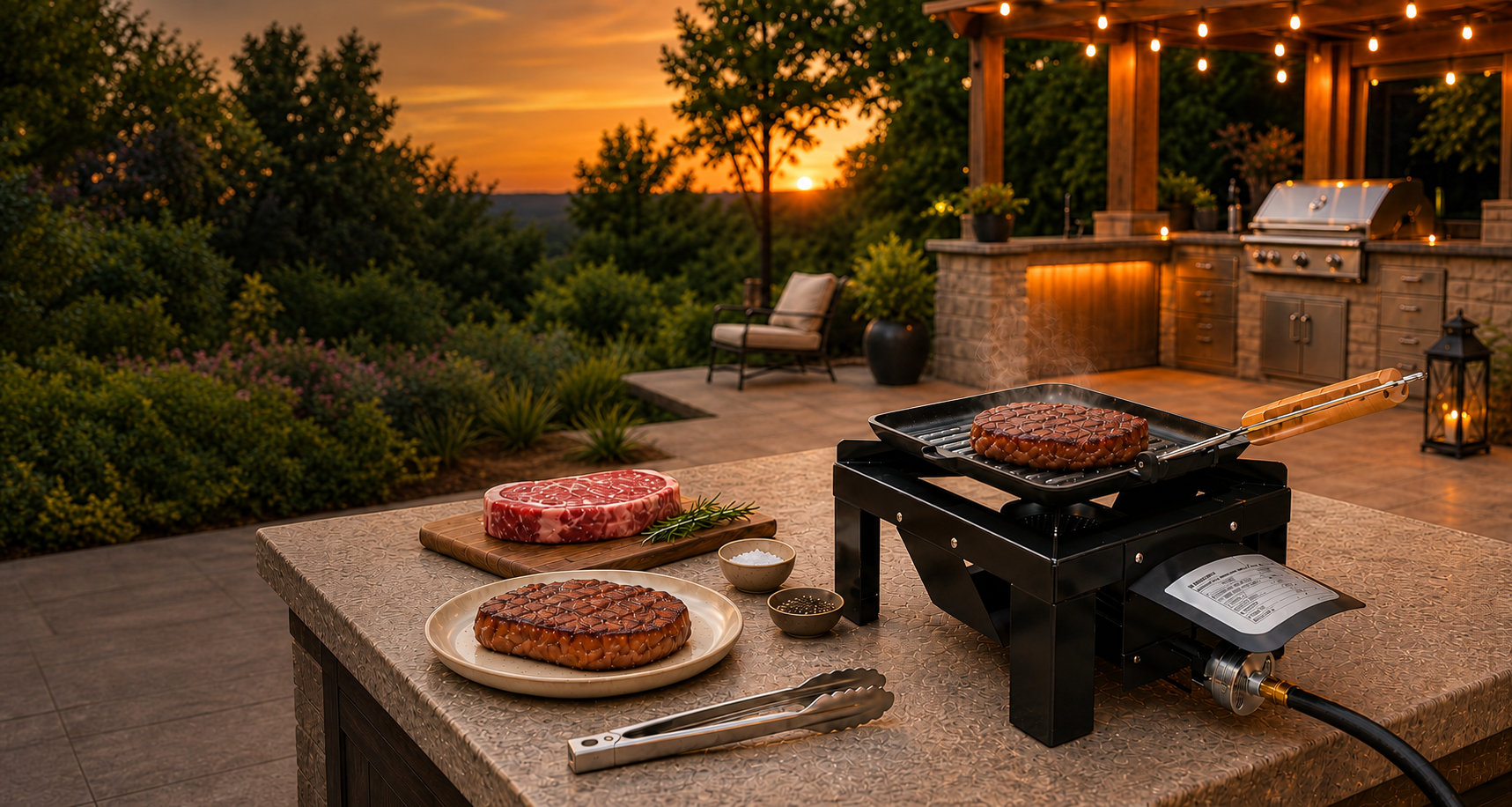 Raxmate RM01PB outdoor searing stove cooking steak on an outdoor table